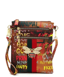 Multi Graffiti Queen Bee Stripe Crossbody Bag Wristlet GP2582B TAN